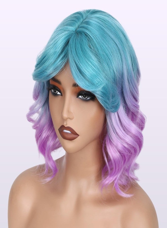 FAVE Blue to Purple Wig Short Purples Wig with Bangs Wavy Wigs for Women Ombre Purple Synthetic Hair Lavender Wigs (Purple/Blue) - Image 3